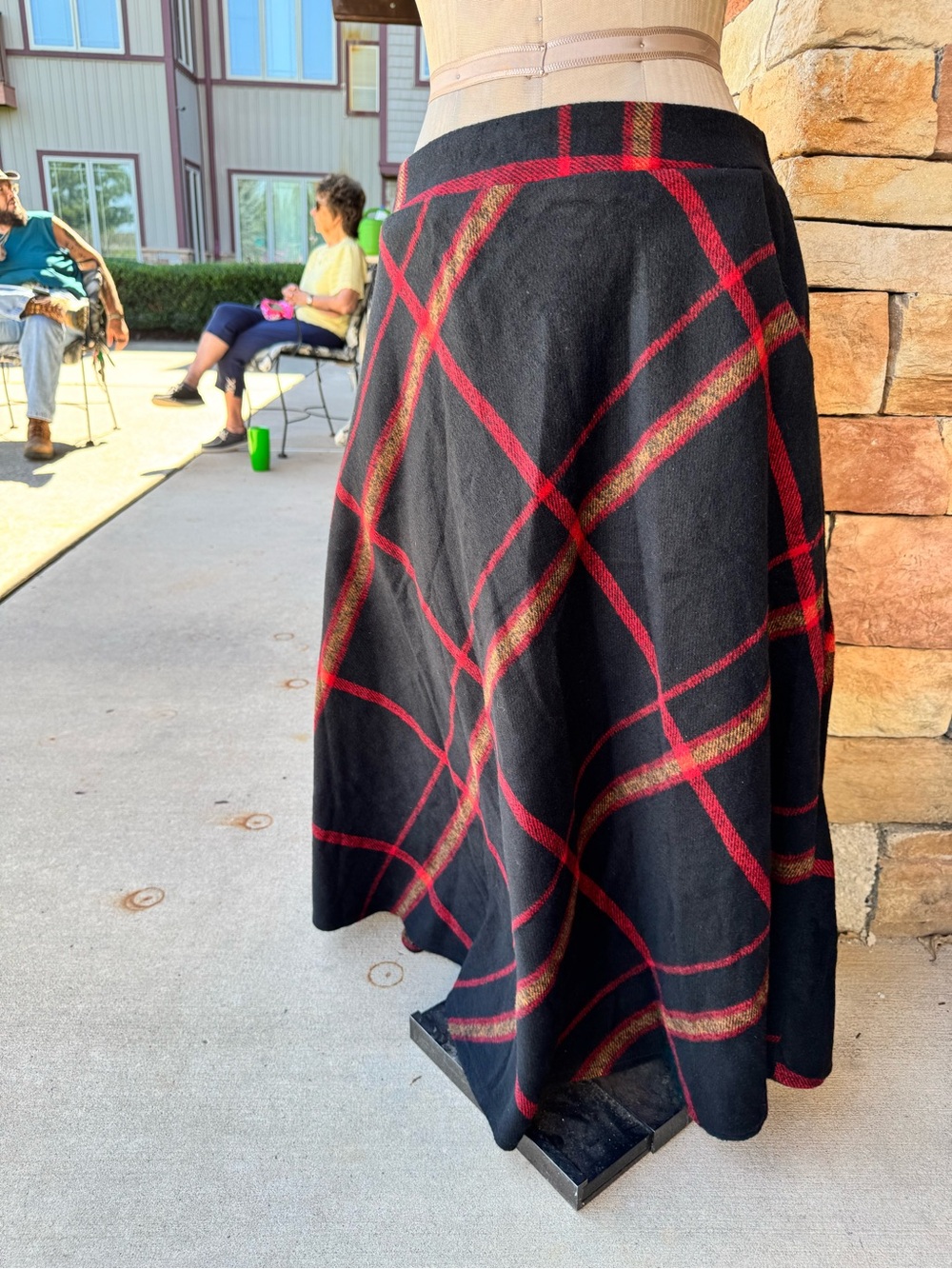 Black Plaid A-Line Midi Skirt with Red and Gold Windowpane